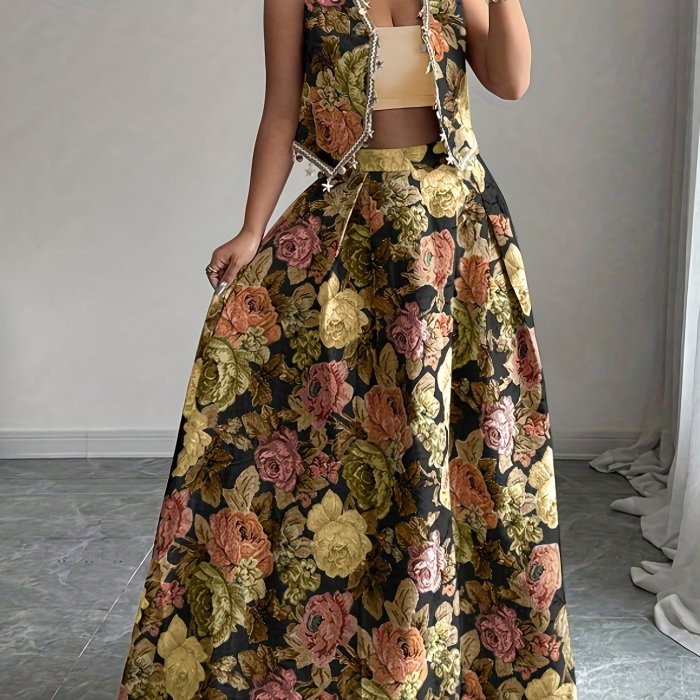 🖤 French Retro Jacquard Two-Piece Set | Sleeveless Vest + High Waist Flared Hem Skirt with Lace & Ribbon