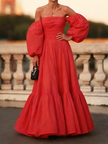 Women's Off-Shoulder Puff Sleeve Gown - Solid Color Party Elegant Long Wedding Bridesmaid Formal Evening Dress