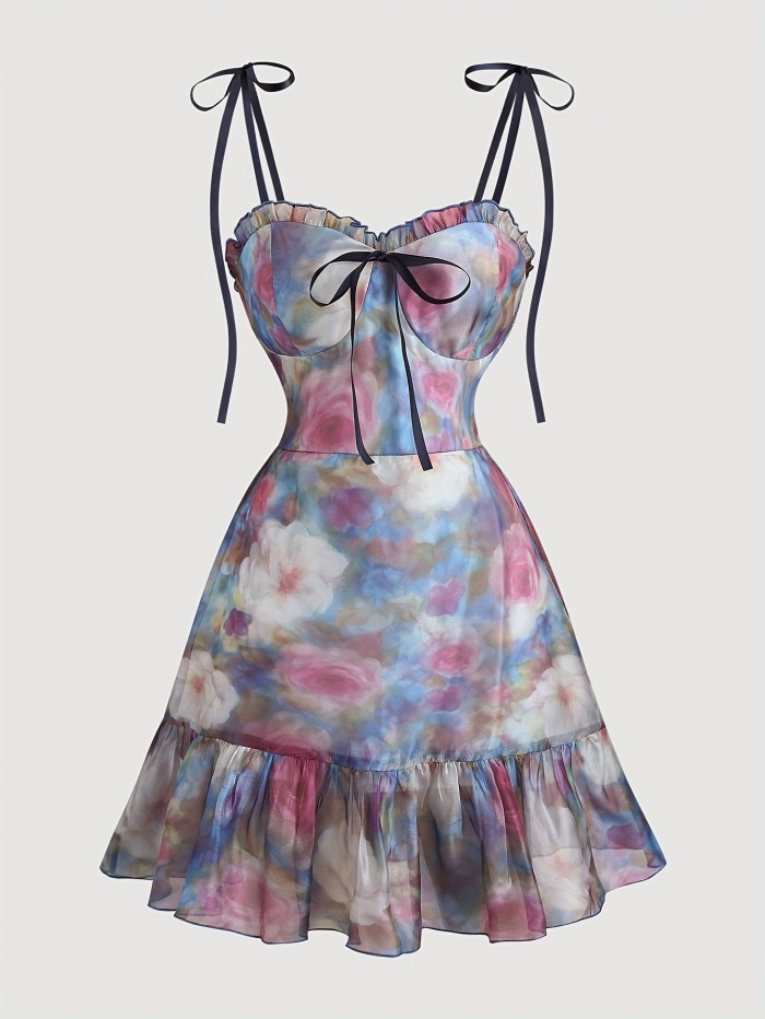 🖌️ French Vintage Watercolor Floral Camisole Cake Dress | Bow & Baroque Court Style, Elegant for Dates, Parties, Balls & Cruises