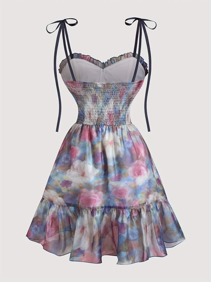 🖌️ French Vintage Watercolor Floral Camisole Cake Dress | Bow & Baroque Court Style, Elegant for Dates, Parties, Balls & Cruises