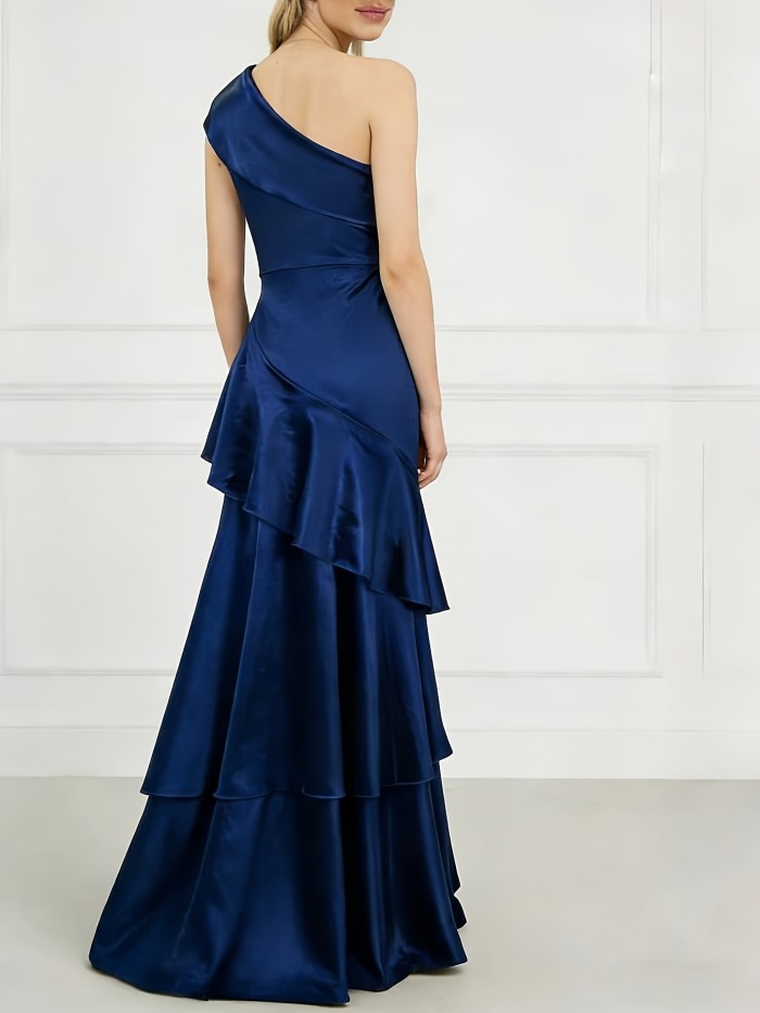 💙 Elegant Deep Blue One-Shoulder Satin Tiered Gown | Fitted Solid Color Long Evening Dress