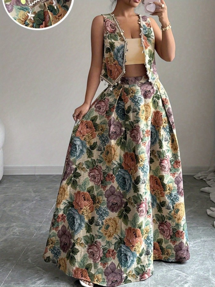 🖤 French Retro Jacquard Two-Piece Set | Sleeveless Vest + High Waist Flared Hem Skirt with Lace & Ribbon