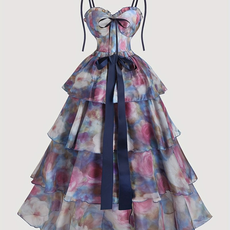 🖌️ French Vintage Watercolor Floral Camisole Cake Dress | Bow & Baroque Court Style, Elegant for Dates, Parties, Balls & Cruises