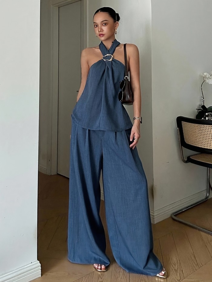 🤍 Elegant Vintage Backless Two-Piece Set | Top & High-Waist Pants for Business Casual, Daily Commute & Gatherings – Spring/Summer Fashion