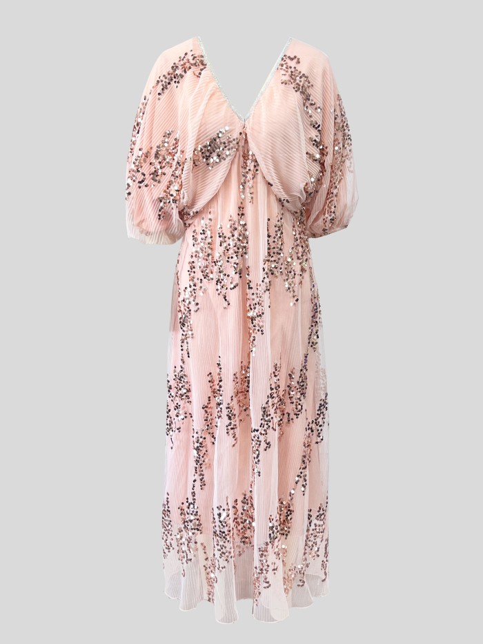 ✨ Elegant V-Neck Puff Sleeve Sequin Maxi Dress | Chic Casual Vacation Long Dress for Women