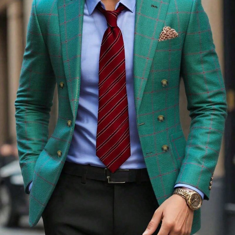 Striped Lapel Front Shoulder Double-Breasted Double-Pocket Plaid Casual Blazer Commuter