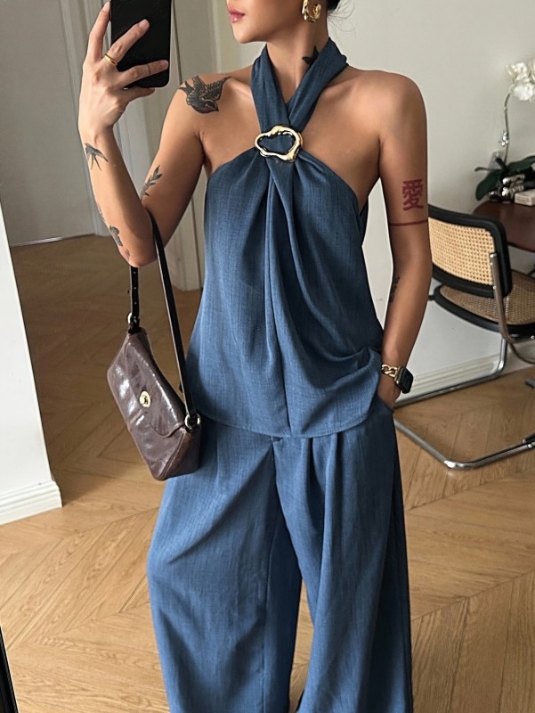 🤍 Elegant Vintage Backless Two-Piece Set | Top & High-Waist Pants for Business Casual, Daily Commute & Gatherings – Spring/Summer Fashion