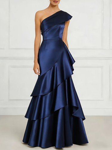 💙 Elegant Deep Blue One-Shoulder Satin Tiered Gown | Fitted Solid Color Long Evening Dress