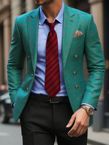 Striped Lapel Front Shoulder Double-Breasted Double-Pocket Plaid Casual Blazer Commuter