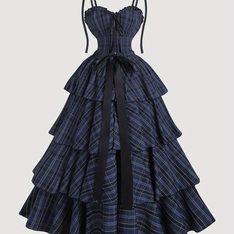 🖤 Vintage Gothic Blue & Black Plaid Suspender Dress Set | Multi-Layer Cake Skirt, Waist-Tie Dark Lolita Style