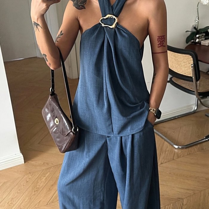 🤍 Elegant Vintage Backless Two-Piece Set | Top & High-Waist Pants for Business Casual, Daily Commute & Gatherings – Spring/Summer Fashion