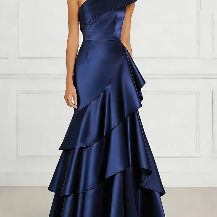 💙 Elegant Deep Blue One-Shoulder Satin Tiered Gown | Fitted Solid Color Long Evening Dress