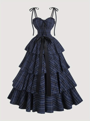 🖤 Vintage Gothic Blue & Black Plaid Suspender Dress Set | Multi-Layer Cake Skirt, Waist-Tie Dark Lolita Style