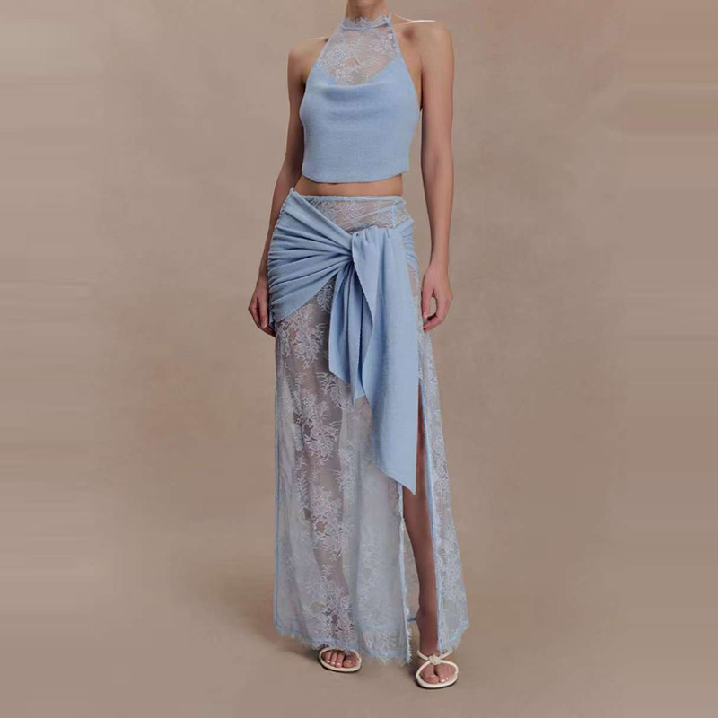 ✨ Bohemian Summer 2-Piece Set Solid Hollow Lace Knit Halter Top & Skirt 🌿