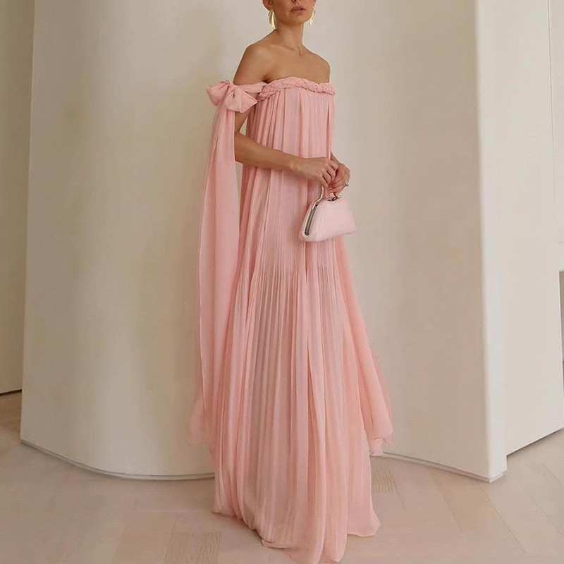 ✨Women Sexy Off Shoulder Ribbon Chiffon Pleated Maxi Dress✨