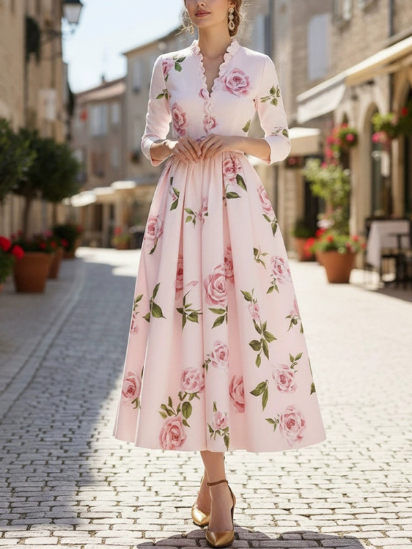 🌹 Elegant V-Neck Floral Pleated Evening Dress – High Waist A-Line Banquet Gown