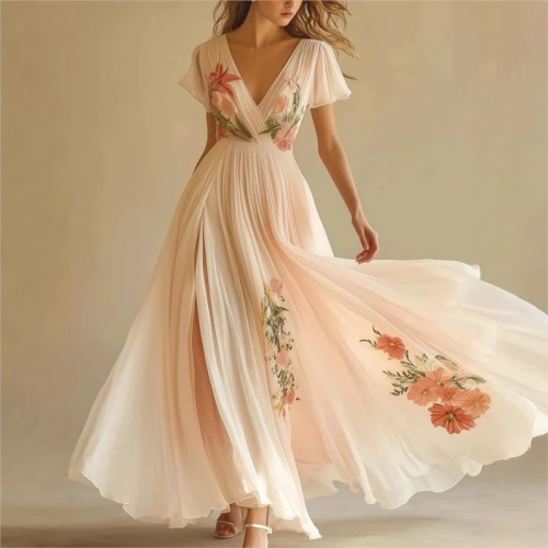 🌼 Summer Boho Floral V-Neck High Waist Dress