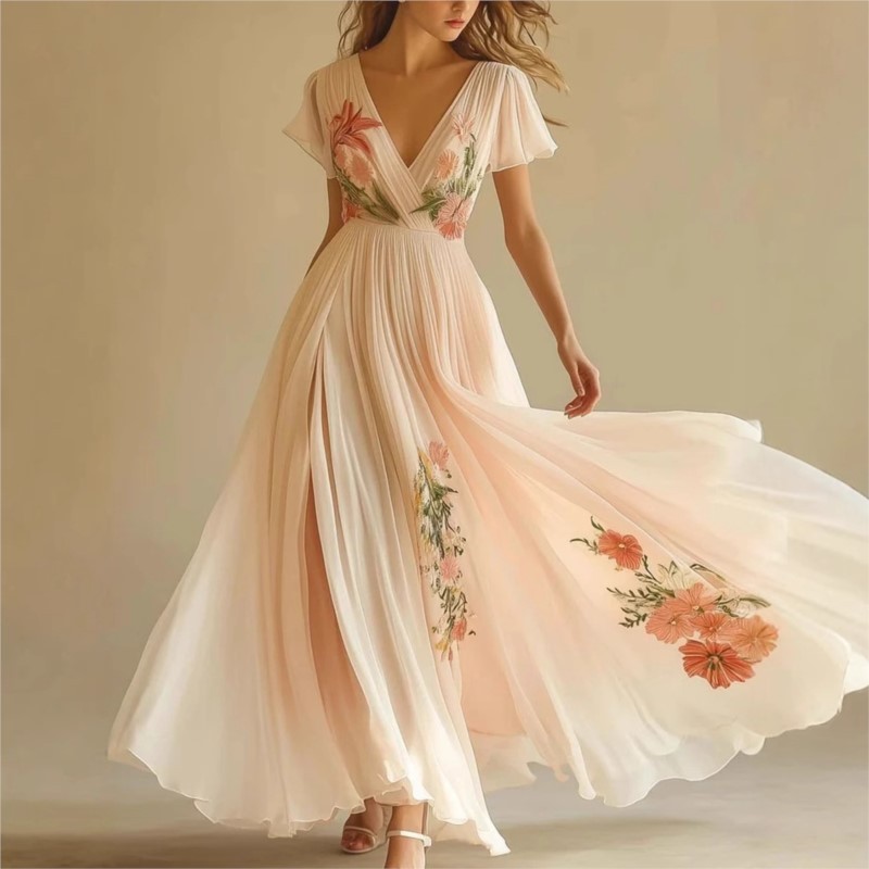 🌼 Summer Boho Floral V-Neck High Waist Dress