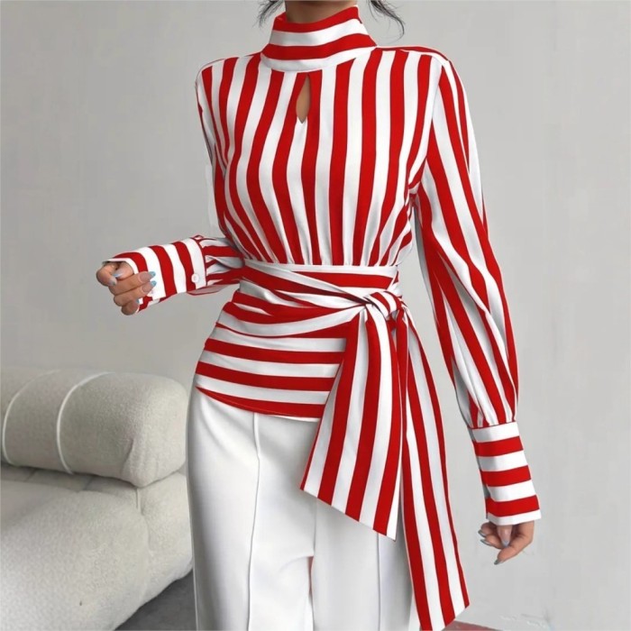 🖤 Black White Striped Scarf Collar Long Sleeve Shirt – Retro Elegant Pullover Top
