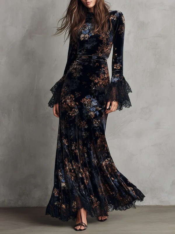 Vintage Women Floral Print Velvet Dress Elegant Half High Collar Long Sleeve Lace Trim Bodycon Dress Fashion Casual Maxi Dresses