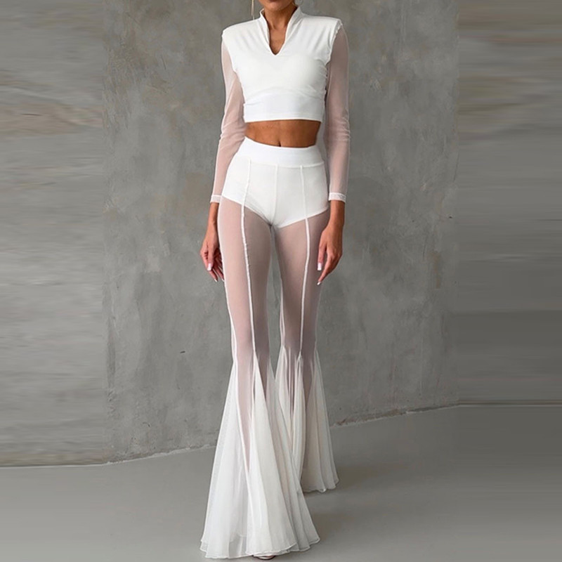 🖤 Sheer Mesh Hollow Out High Waist Flare Pants