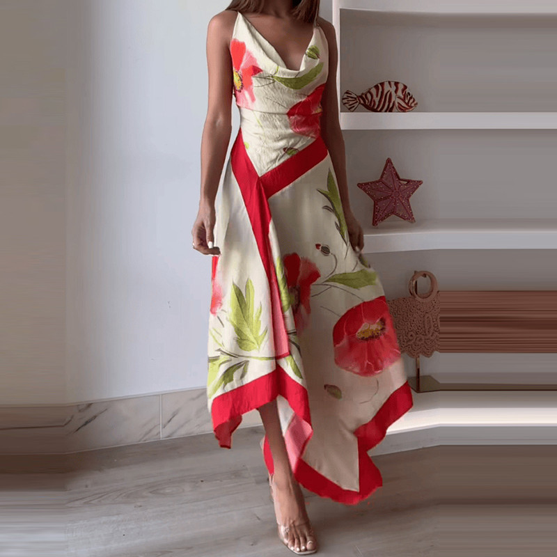 🌴 Suspender Printed Beach Maxi Dress – Irregular Off Shoulder Holiday Dress
