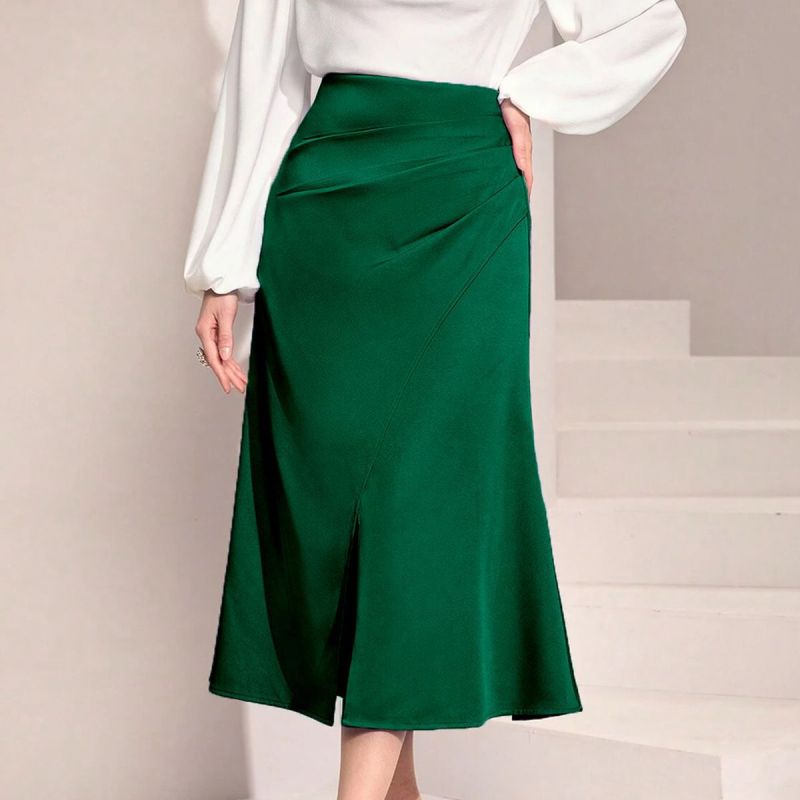 🌸 2026 Spring Autumn High Waist Slit Pleated Skirt – Slim Solid Bodycon Midi Skirt