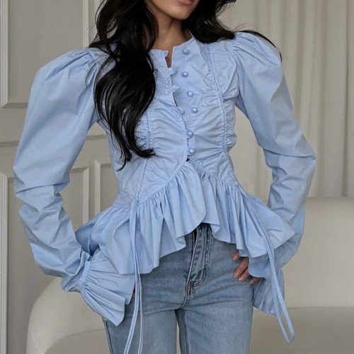 🌸 Irregular Lace Long Sleeve Blouse – Casual Tie-Up Hollow Out Vacation Top