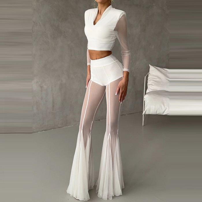 🖤 Sheer Mesh Hollow Out High Waist Flare Pants
