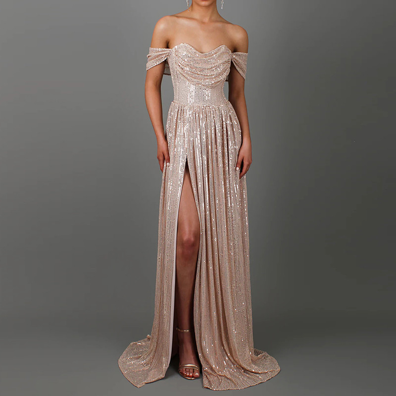 ✨ Luxury Sequin Off Shoulder Split Evening Gown – Elegant Pleated Maxi Dress