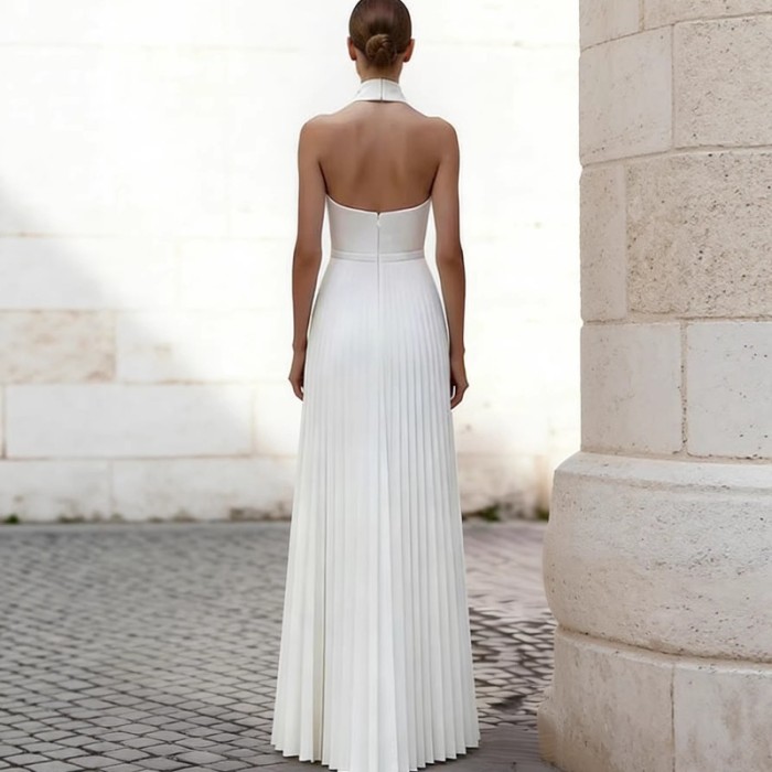 🤍 Elegant White Halter Pleated A-Line Formal Gown