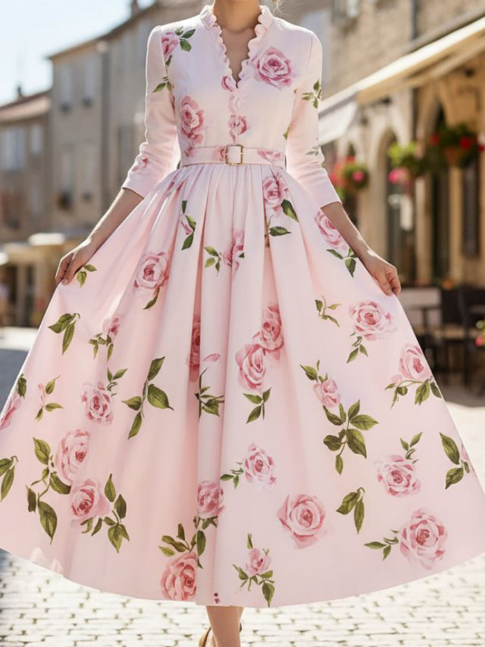 🌹 Elegant V-Neck Floral Pleated Evening Dress – High Waist A-Line Banquet Gown
