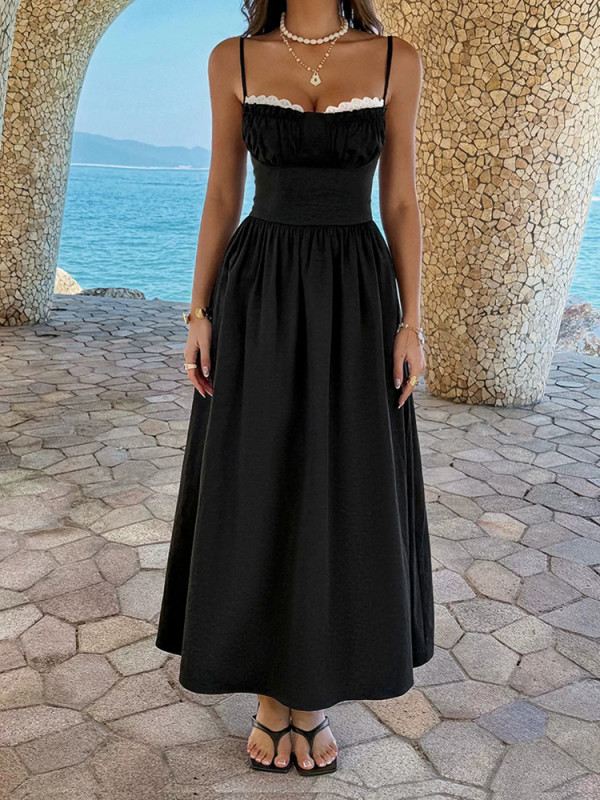 ✨ Sexy Backless Solid Dress U-Neck Lace Floral Pleated Swing Maxi Beach Dress 🌴