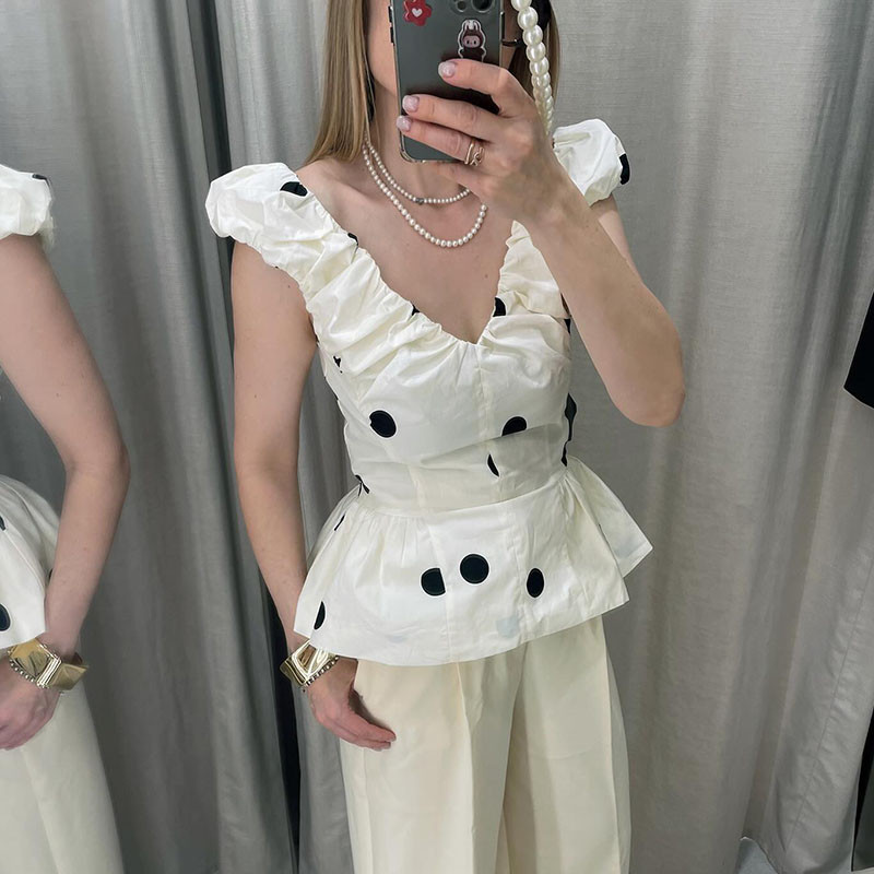 🖤 Polka Dot V-Neck Sleeveless High Waist Pleated 2-Piece Skirt Set