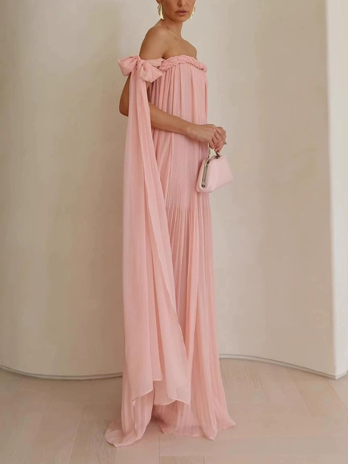 ✨Women Sexy Off Shoulder Ribbon Chiffon Pleated Maxi Dress✨