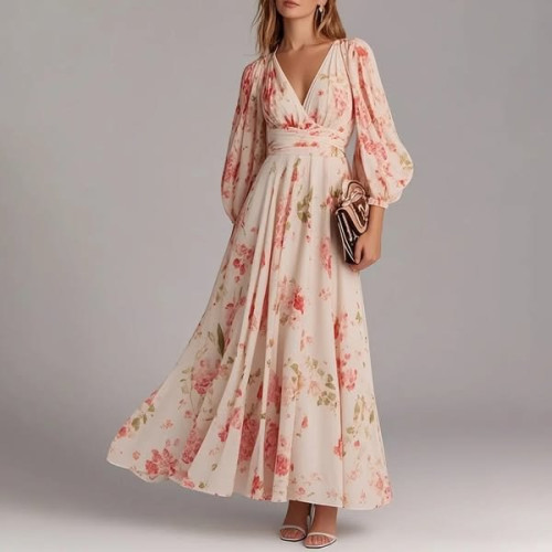 🎀 Pink Floral Lantern Sleeve V-Neck Midi Dress