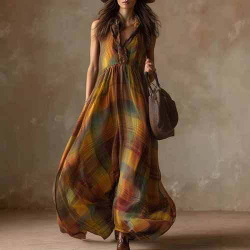 🖤 V-Neck Sleeveless Plaid Bohemian High Waist Beach Dress