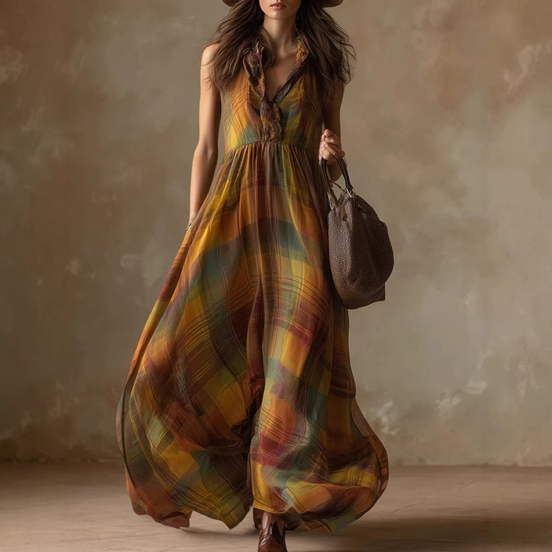 🖤 V-Neck Sleeveless Plaid Bohemian High Waist Beach Dress