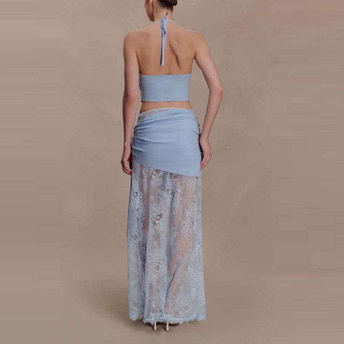 ✨ Bohemian Summer 2-Piece Set Solid Hollow Lace Knit Halter Top & Skirt 🌿