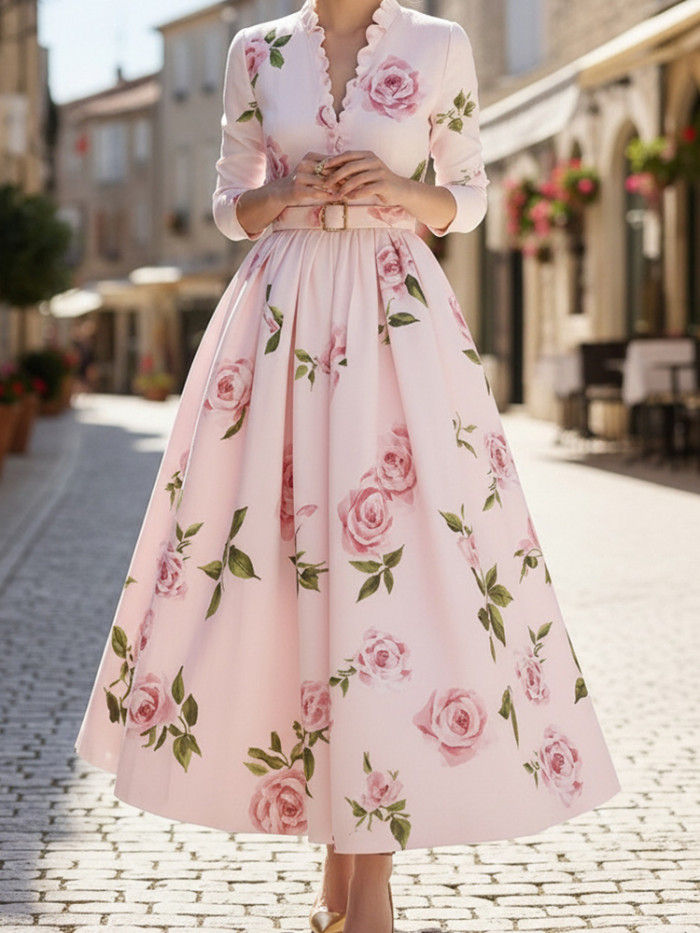 🌹 Elegant V-Neck Floral Pleated Evening Dress – High Waist A-Line Banquet Gown