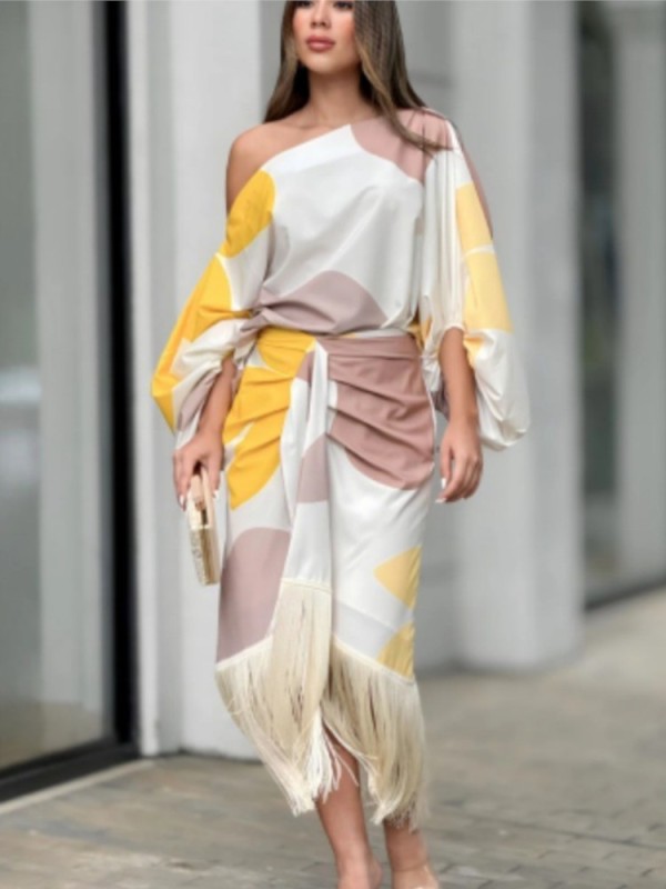 🖤 Elegant Fringe Print 2-Piece Skirt Set – Slant Collar Mid Sleeve Outfit