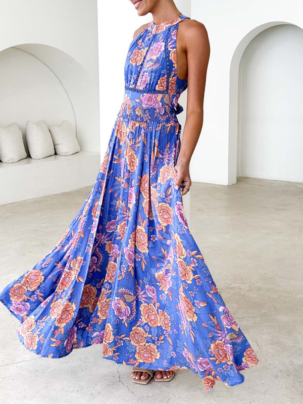 ✨ Vintage Floral Halter Maxi Dress Bohemian Vacation Backless Pleated 🌼