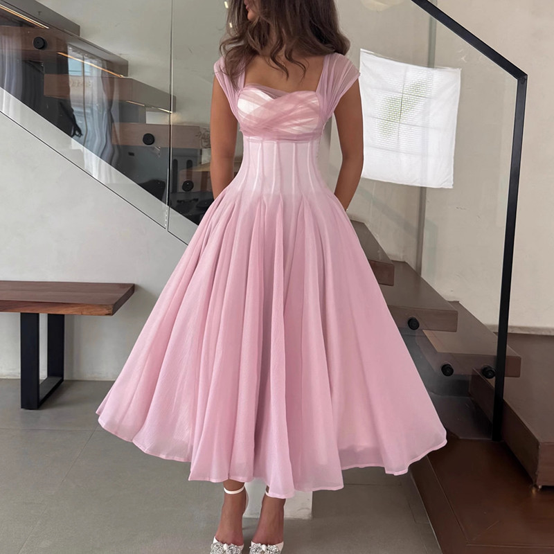 🎄 Elegant Backless Square Neck Mesh Prom Dress – Christmas Party Long Gown