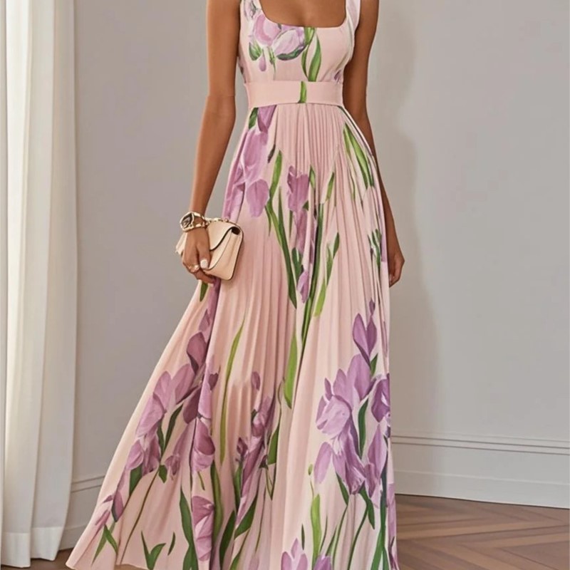 Elegant Square Collar Floral Print Dress Women Summer Sexy Sleeveless Casual Camisole Dresses