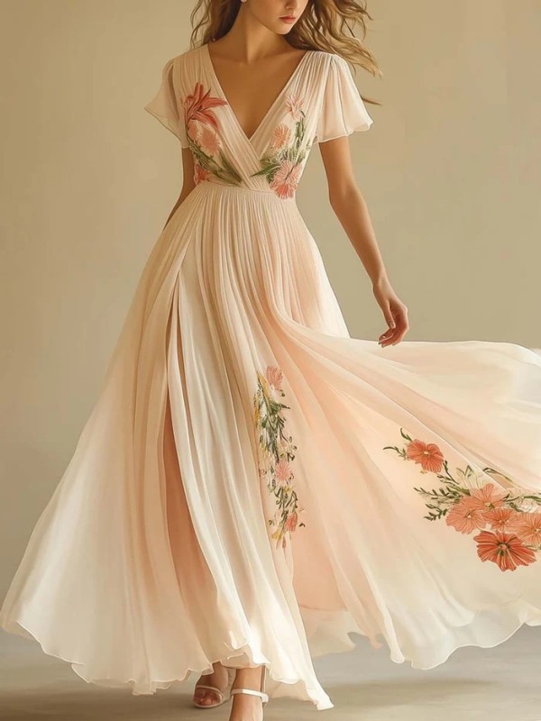 🌼 Summer Boho Floral V-Neck High Waist Dress