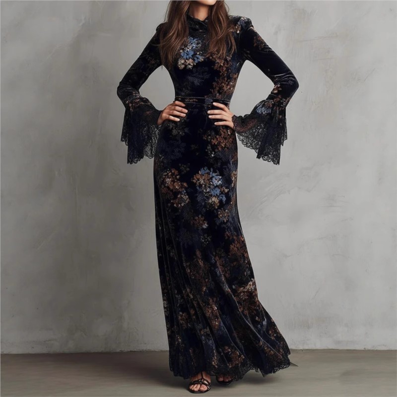 Vintage Women Floral Print Velvet Dress Elegant Half High Collar Long Sleeve Lace Trim Bodycon Dress Fashion Casual Maxi Dresses