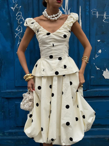 🖤 Polka Dot V-Neck Sleeveless High Waist Pleated 2-Piece Skirt Set