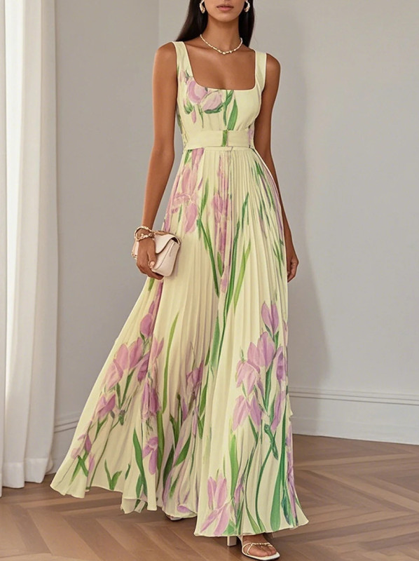 Elegant Square Collar Floral Print Dress Women Summer Sexy Sleeveless Casual Camisole Dresses