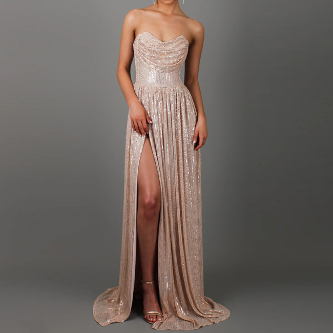 ✨ Luxury Sequin Off Shoulder Split Evening Gown – Elegant Pleated Maxi Dress