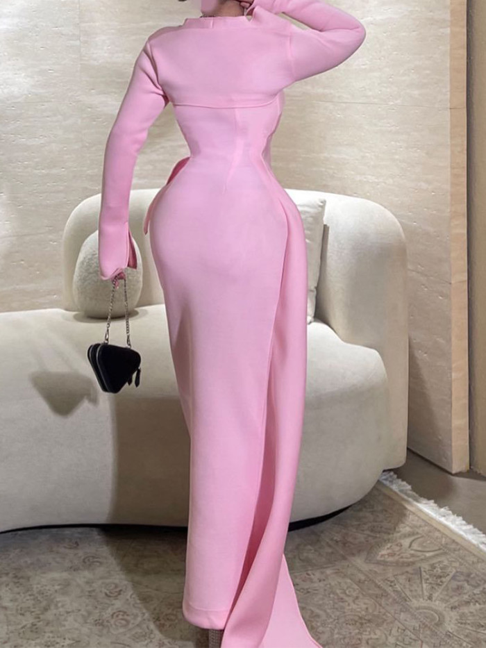 Elegant Strapless Split Long Skirt Shawl Cardigan Set Casual Long Sleeve Slim Half Skirt Suit Fashion Pleat Pink Outfits